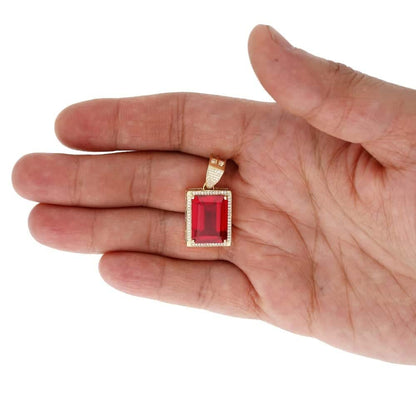 14Ct Emerald Cut Simulated Ruby Solitaire Halo 10k Yellow Gold Pendant 1.2"
