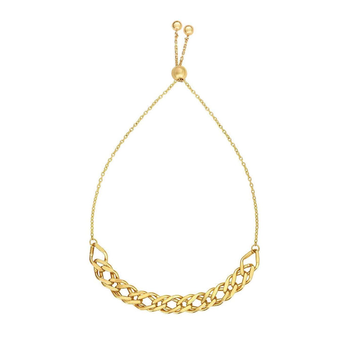 14K Yellow Gold Fancy Double Friendship Bolo Drawstring Bracelet (Hollow) 5" - 9.25" Adjustable - WJD Exclusives