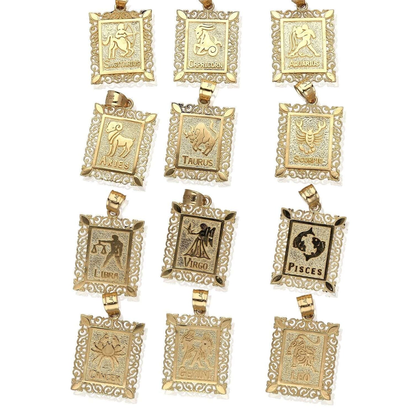 10K Yellow Gold Filigree Milgrain Frame Rectangular Charm Zodiac Sign Pendant
