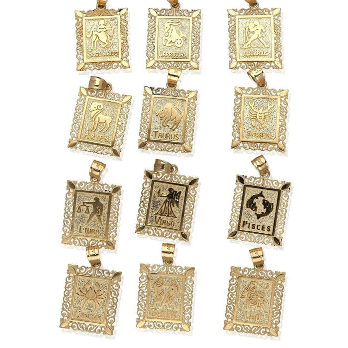 10K Yellow Gold Filigree Milgrain Frame Rectangular Zodiac Sign Pendant - WJD Exclusives