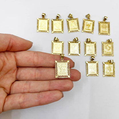 10K Yellow Gold Filigree Milgrain Frame Rectangular Charm Zodiac Sign Pendant