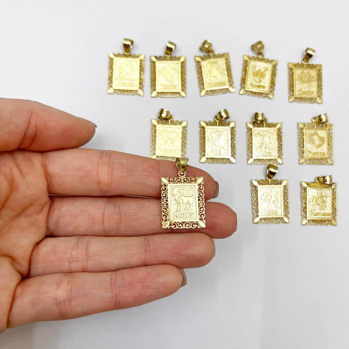 10K Yellow Gold Filigree Milgrain Frame Rectangular Zodiac Sign Pendant - WJD Exclusives