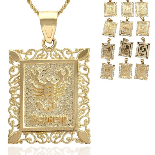 10K Yellow Gold Filigree Milgrain Frame Rectangular Charm Zodiac Sign Pendant