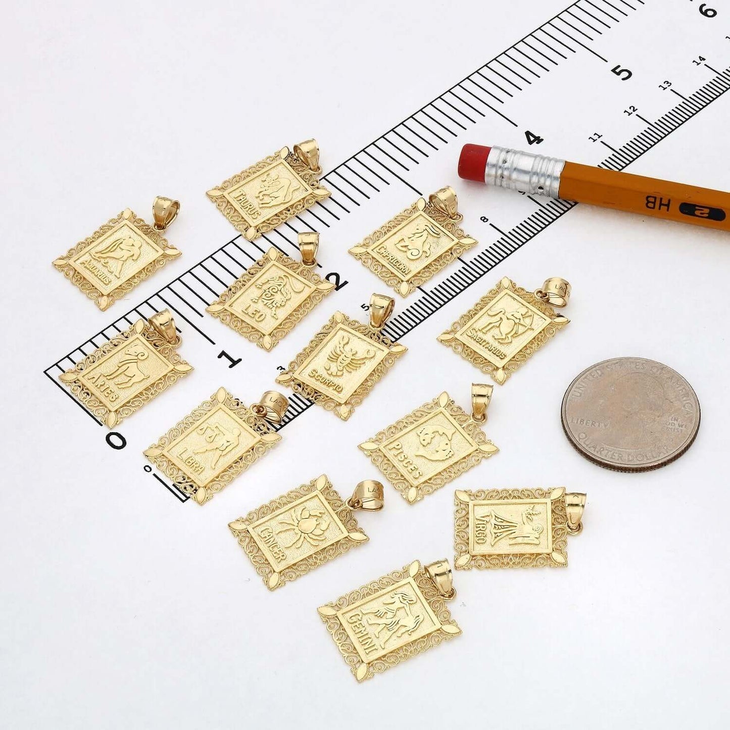 10K Yellow Gold Filigree Milgrain Frame Rectangular Charm Zodiac Sign Pendant