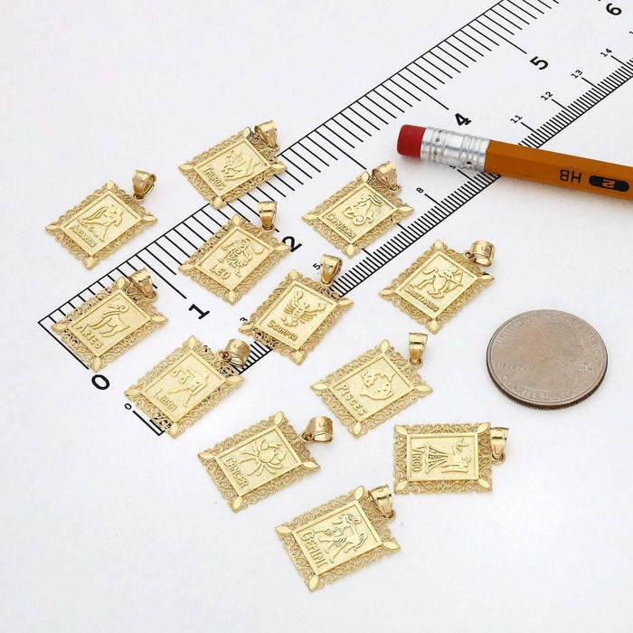 10K Yellow Gold Filigree Milgrain Frame Rectangular Zodiac Sign Pendant - WJD Exclusives