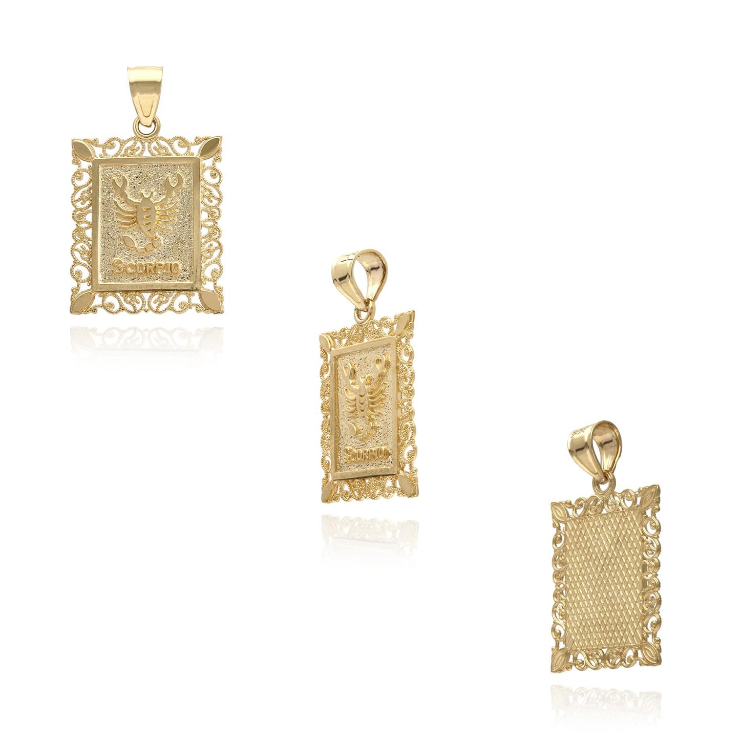 10K Yellow Gold Filigree Milgrain Frame Rectangular Charm Zodiac Sign Pendant