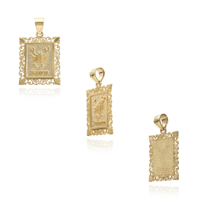 10K Yellow Gold Filigree Milgrain Frame Rectangular Zodiac Sign Pendant - WJD Exclusives