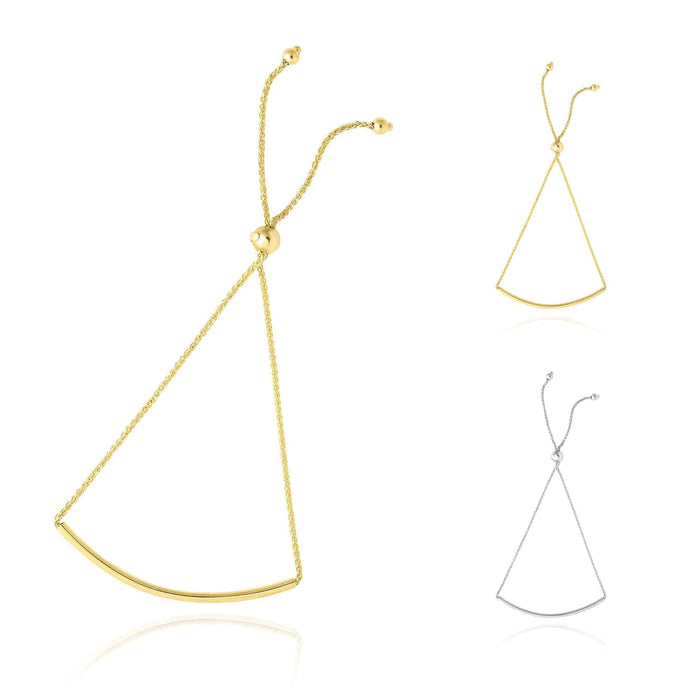 14K Yellow Gold White Curved Bar Friendship Bolo Bracelet (Solid Links) 5" - 9.25" Adjustable - WJD Exclusives