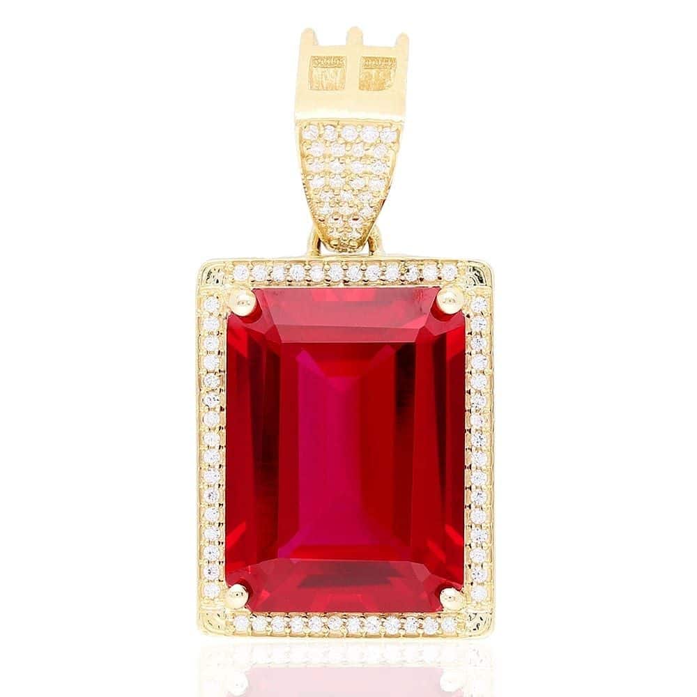 14Ct Emerald Cut Simulated Ruby Solitaire Halo 10k Yellow Gold Pendant 1.2"