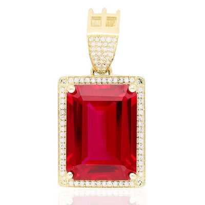 14Ct Emerald-Cut Simulated Ruby Solitaire Halo 10k Yellow Gold Pendant 1.2"