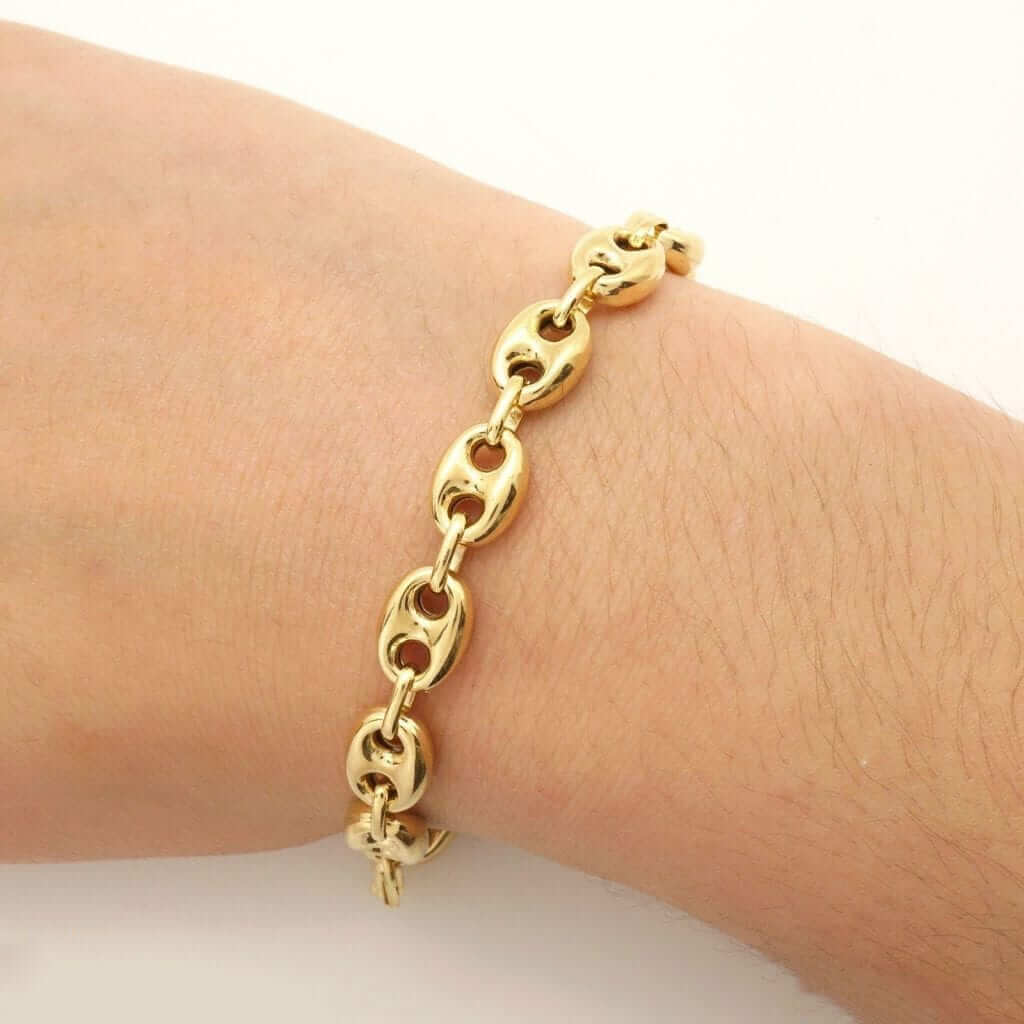 14K Yellow Gold 6.5mm Fancy Puffed Anchor Mariner Bracelet (Hollow) 8"