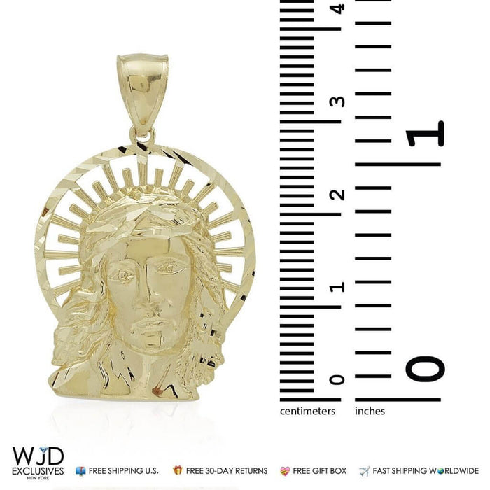 10K Real Yellow Gold Diamond-Cut Religious Jesus Pendant 1.5"