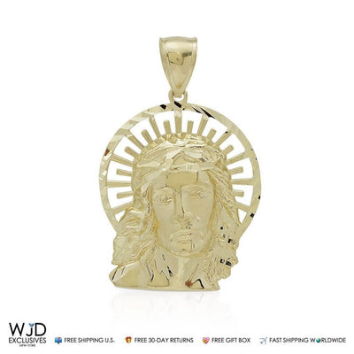 10K Real Yellow Gold Diamond Cut Religious Jesus Charm Pendant 1.5"