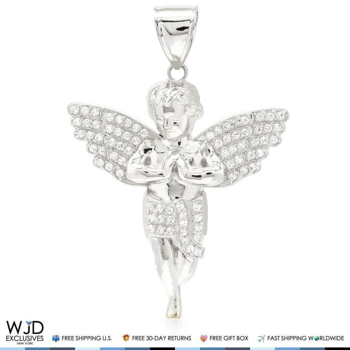 10k Yellow/White Gold 1.20Ct CZ Angel Pendant 1.7"