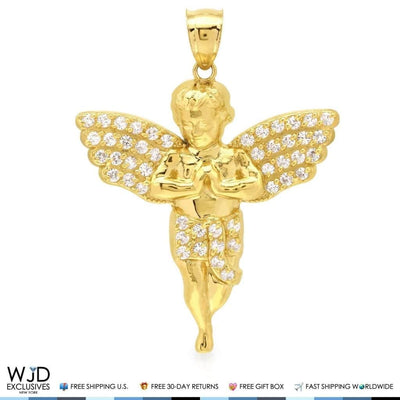 10k Yellow/White Gold 1.20Ct CZ Angel Pendant 1.7"