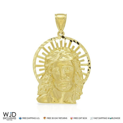 Solid 10K Real Gold Diamond-Cut Jesus Religious Charm Pendant 2"