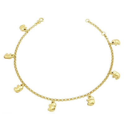 10K Yellow Gold Elephant Rolo Spring Ring Clasp Anklet (Solid Links) 10"