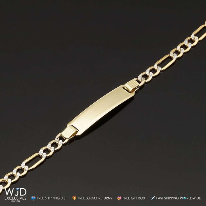 Kids 10K Yellow Gold Diamond-Cut Figaro ID Bracelet (Solid Links) 6"