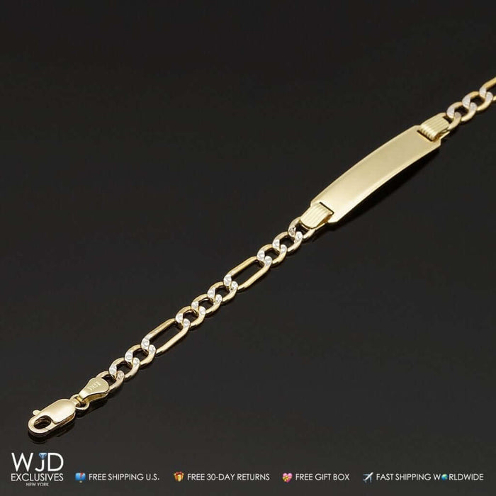 Kids 10K Yellow Gold Diamond-Cut Figaro ID Bracelet (Solid Links) 6"