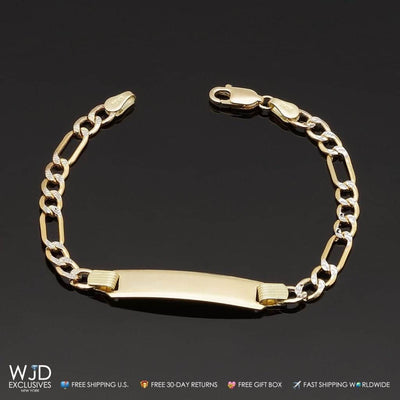 Kids 10K Yellow Gold Diamond-Cut Figaro ID Bracelet (Solid Links) 6"