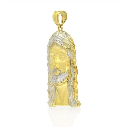 10K Yellow Gold Two-Tone Diamond-Cut Jesus Religious Head Charm Pendant 2.5"