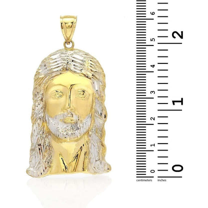 10K Yellow Gold Two-Tone Diamond-Cut Jesus Religious Head Charm Pendant 2.5"