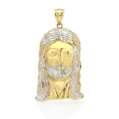 10K Yellow Gold Two-Tone Diamond-Cut Jesus Religious Head Charm Pendant 2.5"