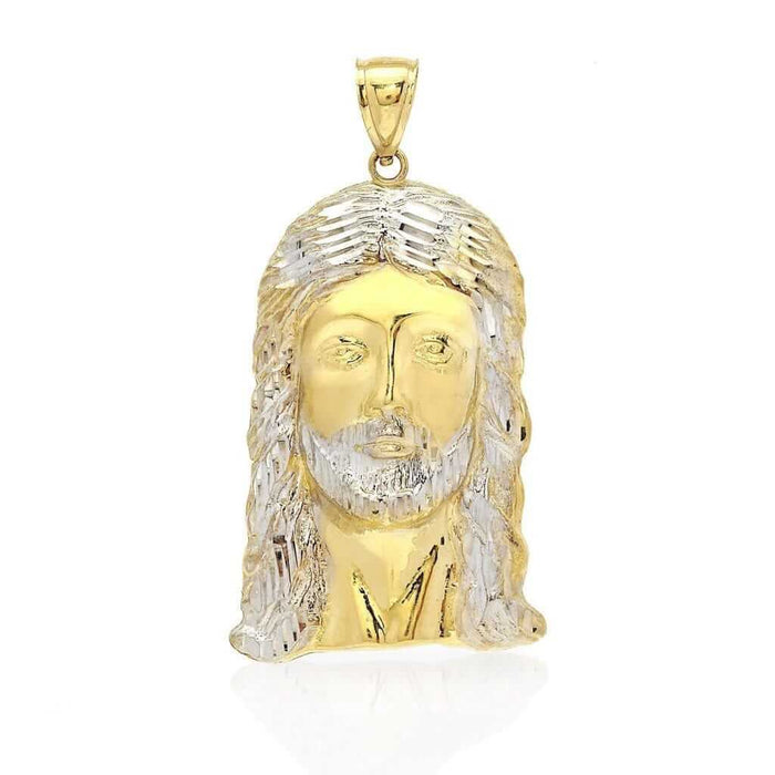 10K Yellow Gold Two-Tone Diamond-Cut Jesus Religious Head Charm Pendant 2.5"