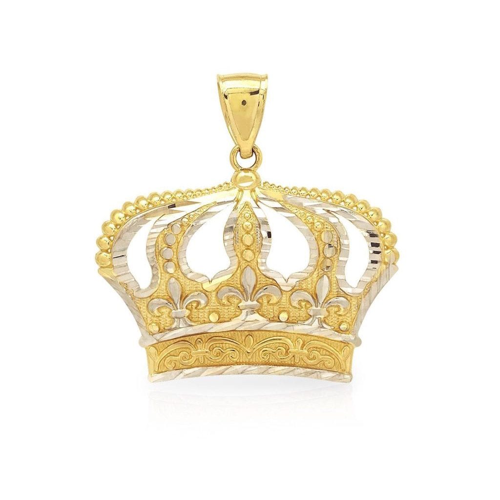 10K Yellow And White Gold Diamond Cut Design Open Big Crown Charm Pendant 1.3"