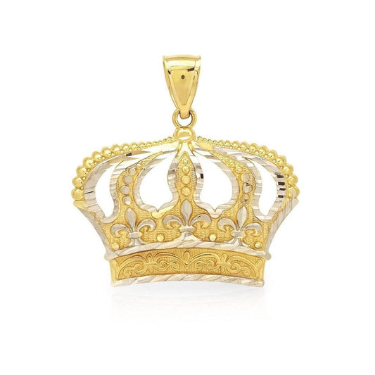 10K Yellow And White Gold Diamond Cut Design Open Big Crown Charm Pendant 1.3"