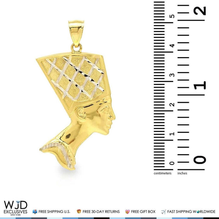 10K Yellow Gold Two Tone Egyptian Queen Nefertiti Pendant 2", 2.5"
