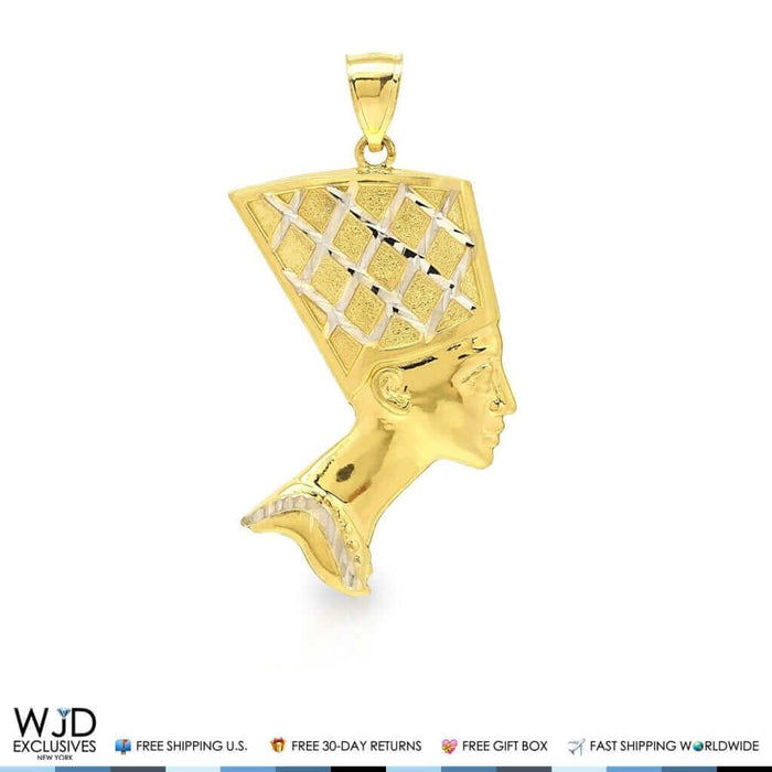 10K Yellow Gold Two Tone Egyptian Queen Nefertiti Pendant 2", 2.5"