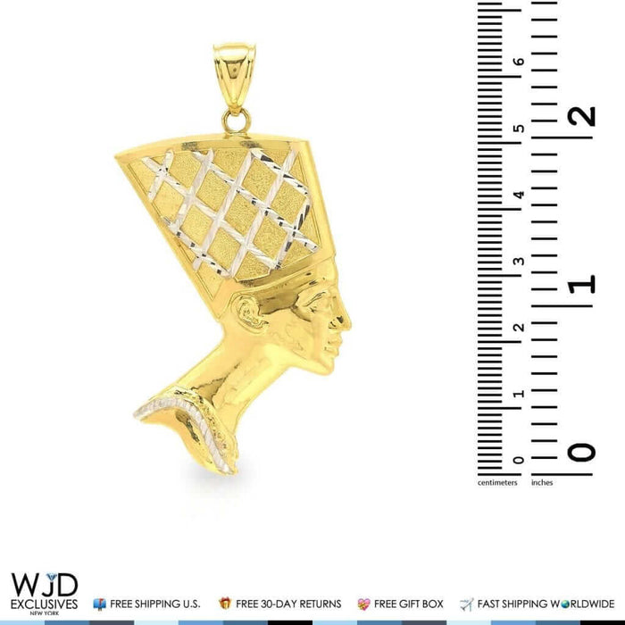 10K Yellow Gold Two Tone Egyptian Queen Nefertiti Pendant 2", 2.5"