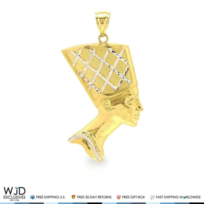 10K Yellow Gold Two Tone Egyptian Queen Nefertiti Pendant 2", 2.5"