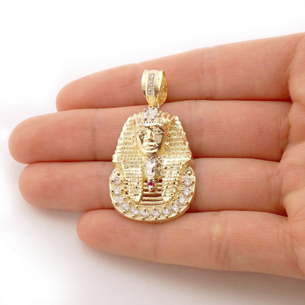 10K Yellow Gold CZ Ruby King Tut Pharaoh Head Pendant 1.1"-2.4"
