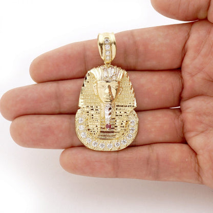 10K Yellow Gold CZ Ruby King Tut Pharaoh Head Pendant 1.1"-2.4"
