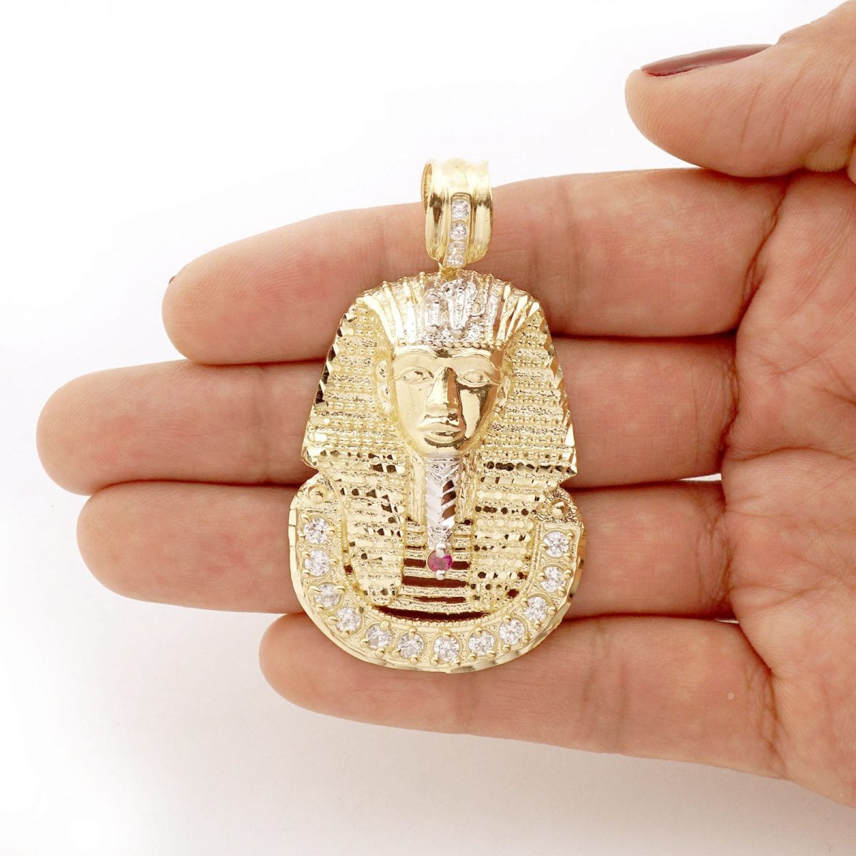 10K Yellow Gold CZ Ruby King Tut Pharaoh Head Pendant 1.1"-2.4"