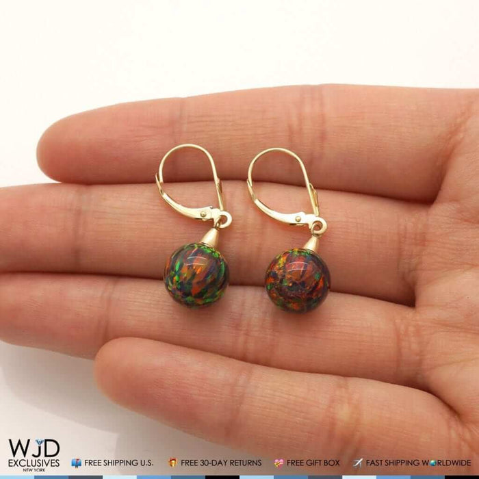 6mm-10mm Ball Shaped Black Fire Opal Dangle Leverback Earrings 14K Yellow Gold