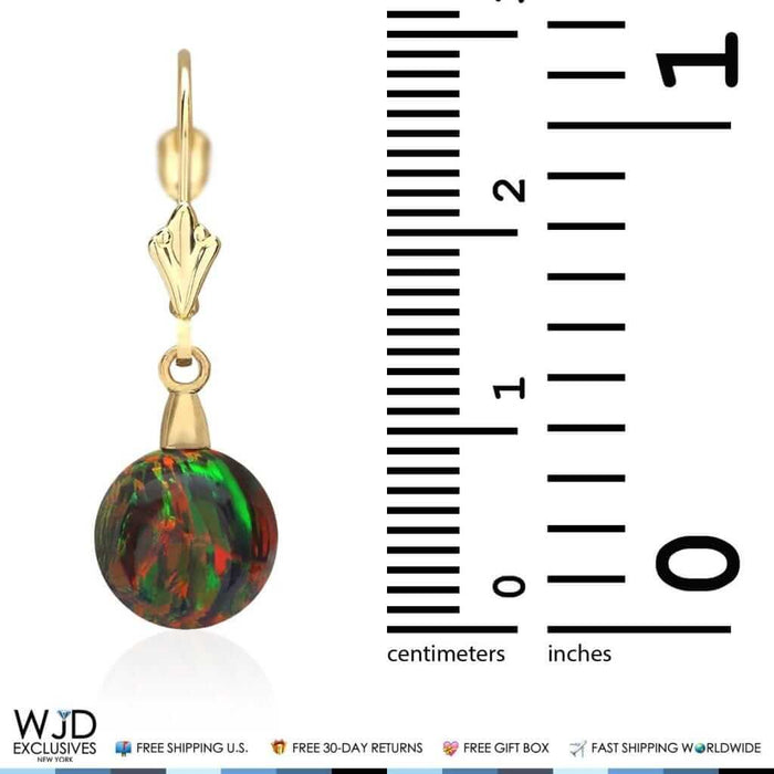 6mm-10mm Ball Shaped Black Fire Opal Dangle Leverback Earrings 14K Yellow Gold