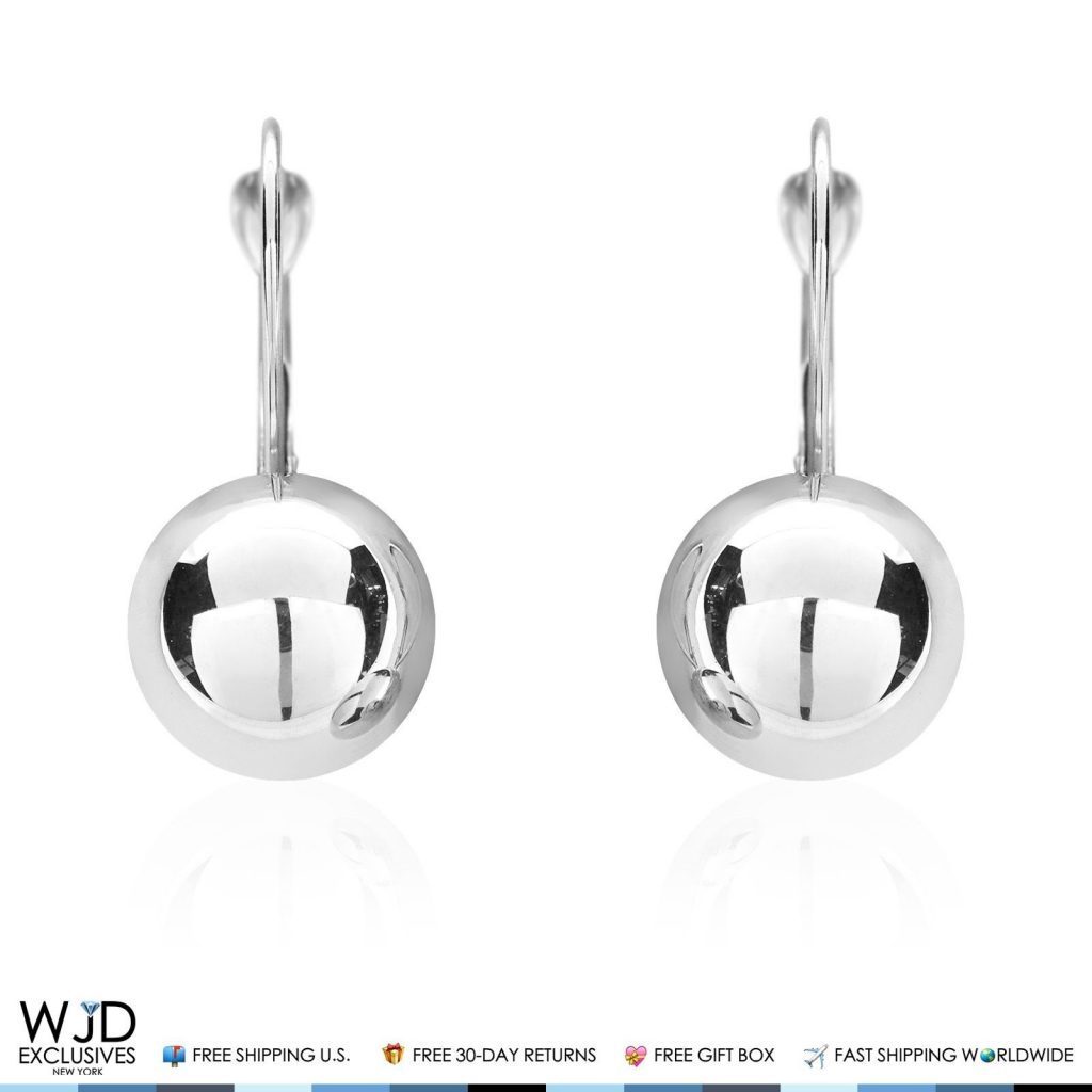 10mm Diameter Ball Lever Back Earrings 14K Solid White Gold 0.9&quot;
