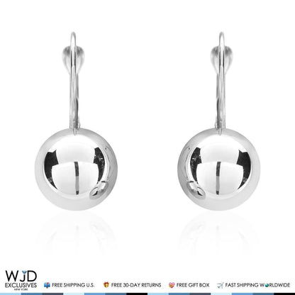 10mm Diameter Ball Lever Back Earrings 14K Solid White Gold 0.9&quot;