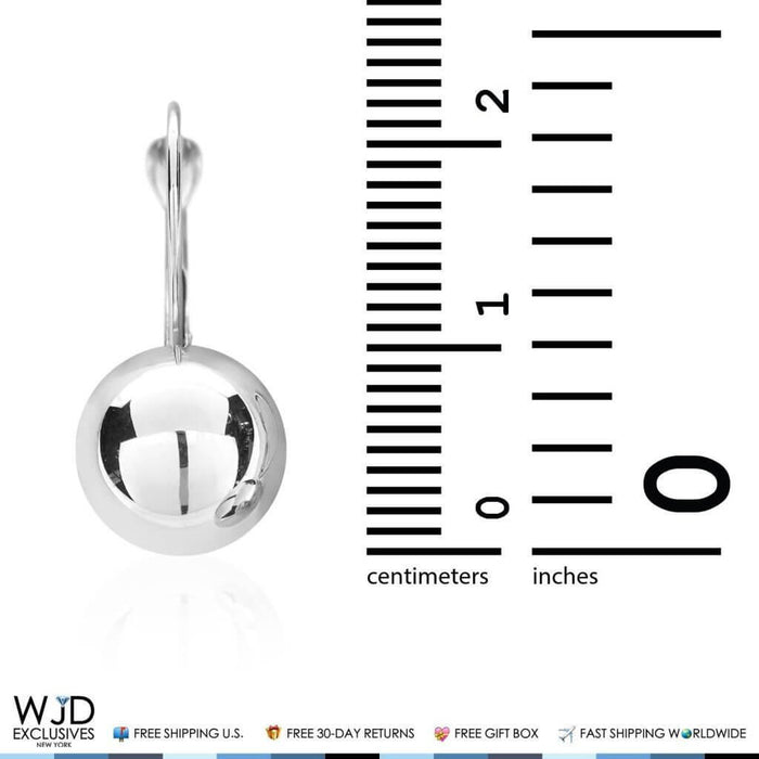 10mm Diameter Ball Lever Back Earrings 14K White Gold 0.9"