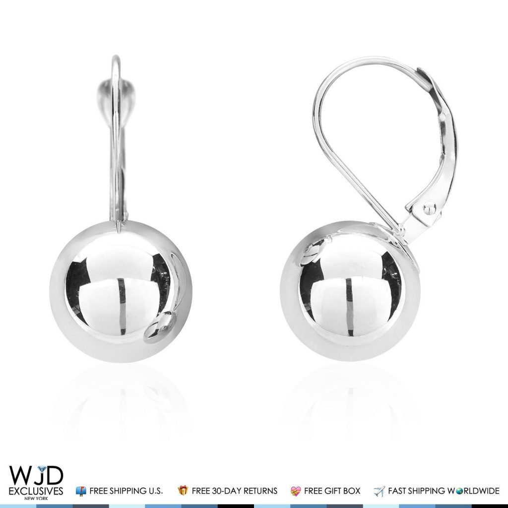 10mm Diameter Ball Lever Back Earrings 14K Solid White Gold 0.9&quot;