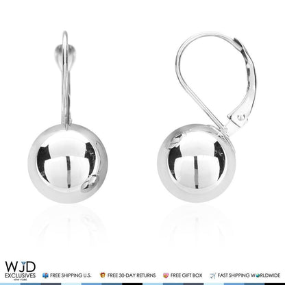 10mm Diameter Ball Lever Back Earrings 14K Solid White Gold 0.9&quot;