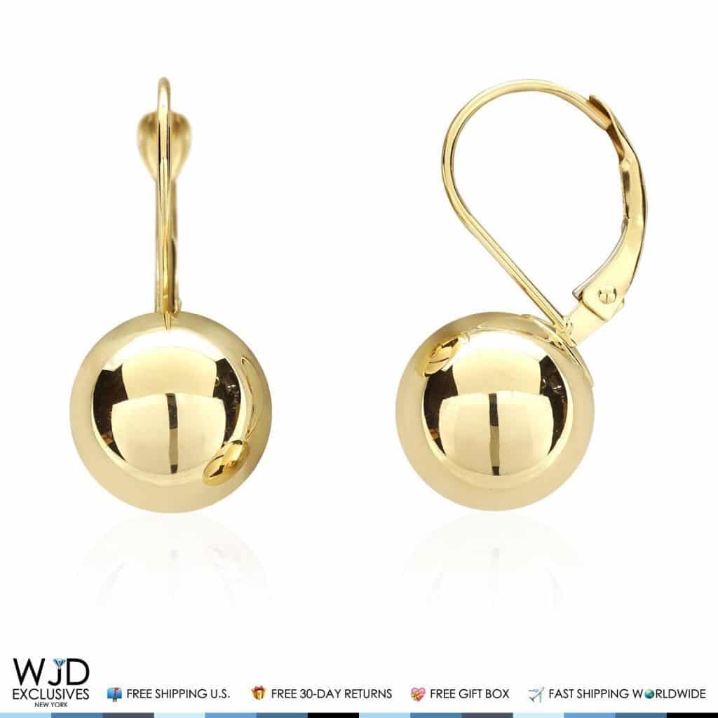 10mm Diameter Ball Lever Back Earrings 14K Solid Yellow Gold 0.9"