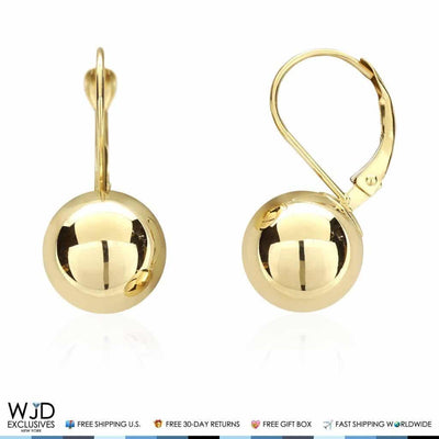 10mm Diameter Ball Lever Back Earrings 14K Yellow Gold 0.9"