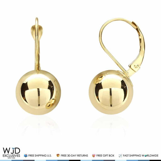 10mm Diameter Ball Lever Back Earrings 14K Solid Yellow Gold 0.9"
