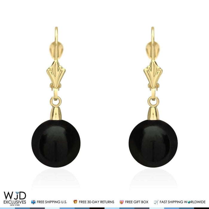 6mm-10mm Diameter Ball Shaped Onyx Dangle Leverback Earrings 14K Yellow Gold