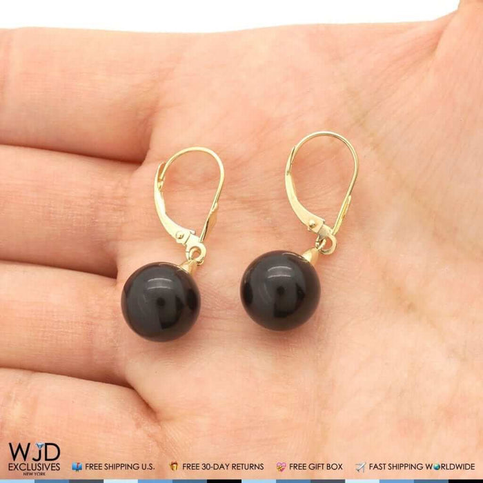 6mm-10mm Diameter Ball Shaped Onyx Dangle Leverback Earrings 14K Yellow Gold