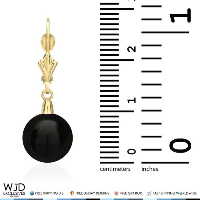 6mm-10mm Diameter Ball Shaped Onyx Dangle Leverback Earrings 14K Yellow Gold